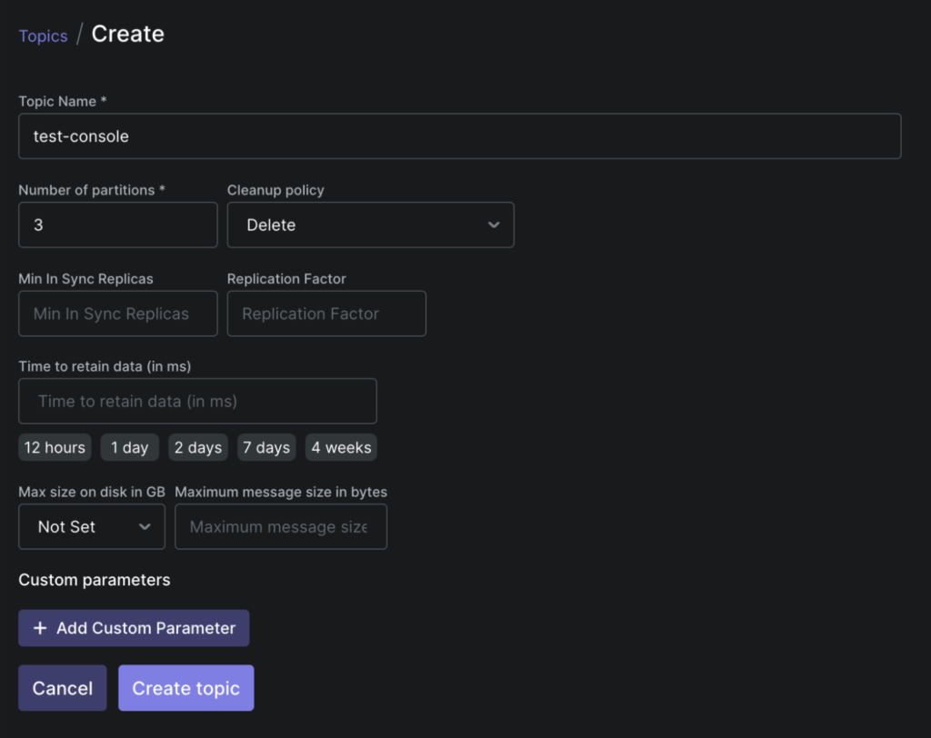 Figure 18: Creating test-console Topic – UI for Apache Kafka 